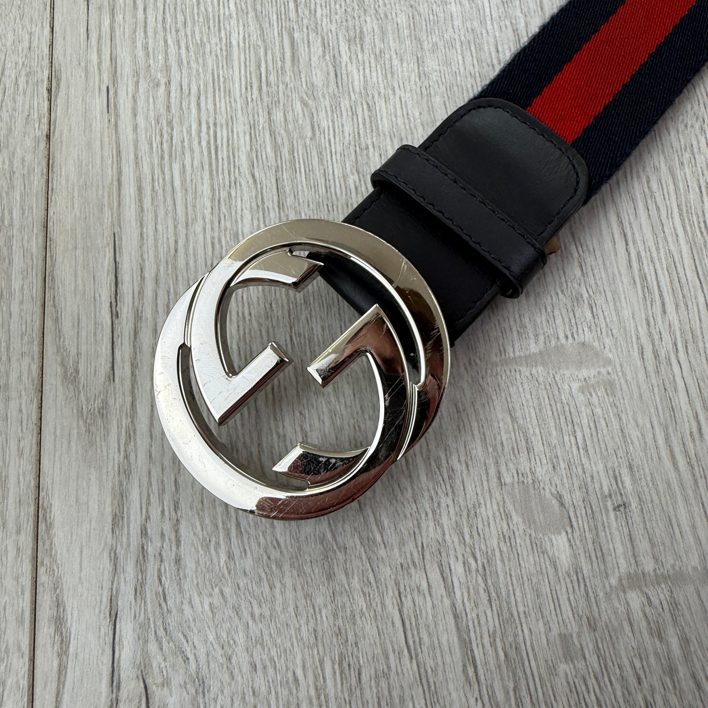 Gucci Web Interlock GG Silver Buckle Belt - 85 (Fit Uk 28-32)