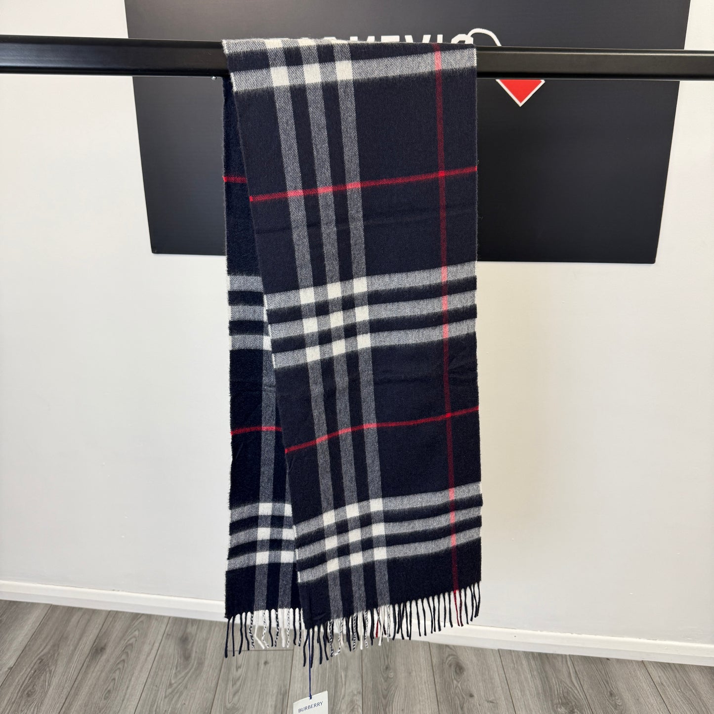 Burberry Navy Check Cashmere Scarf