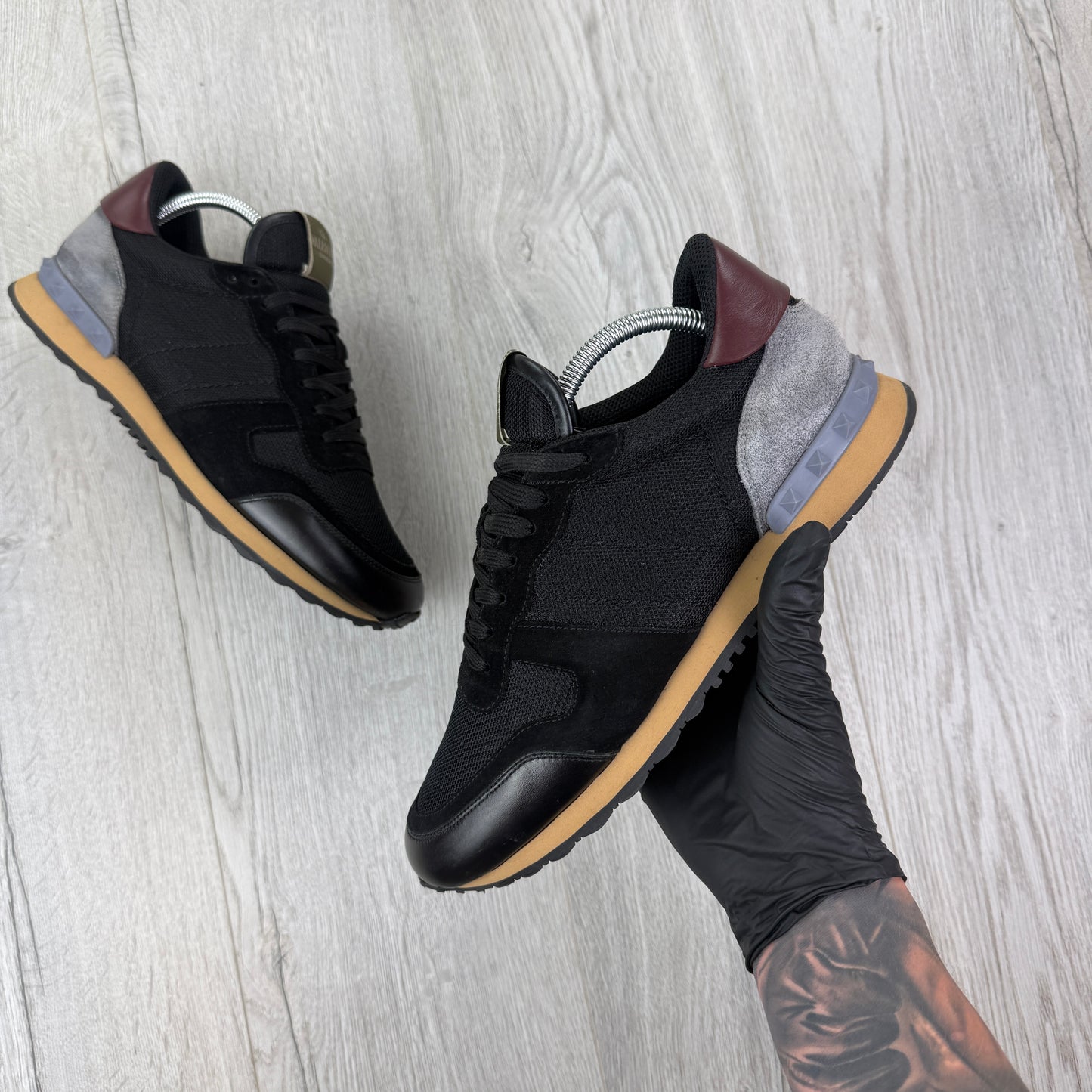 Valentino Men’s Black Mesh Runners With Maroon Heel - Uk 8
