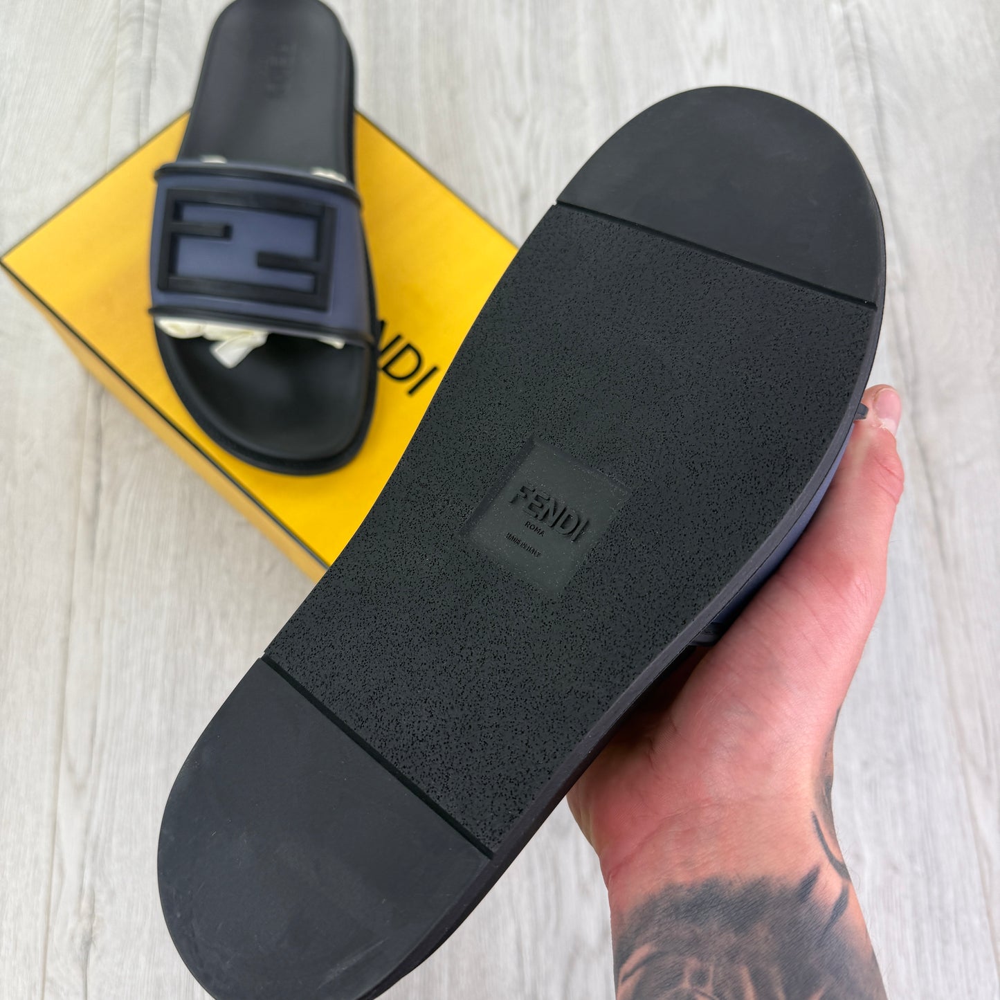 Fendi Men’s Medieval Blu FF Logo Sliders - Uk 10