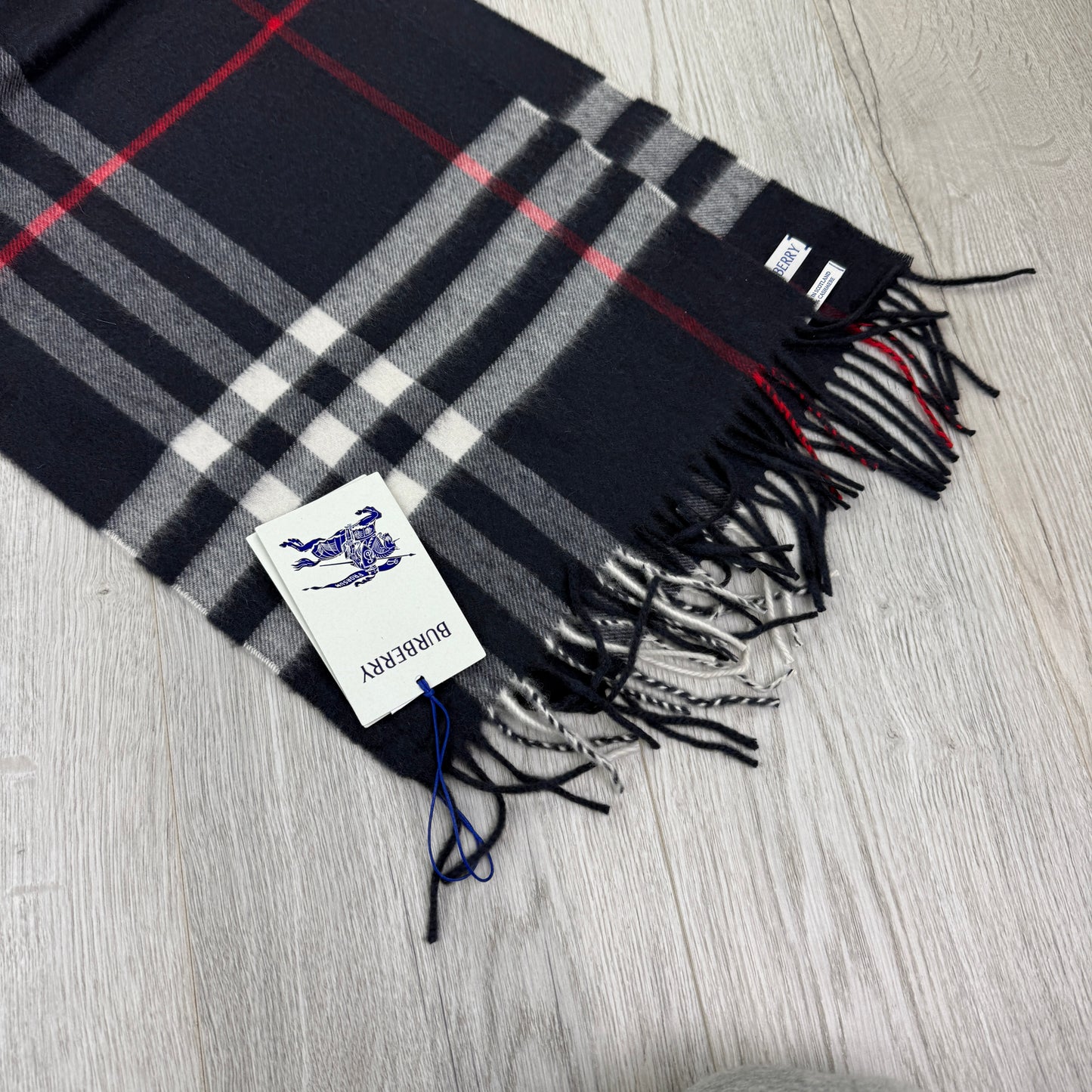 Burberry Navy Check Cashmere Scarf