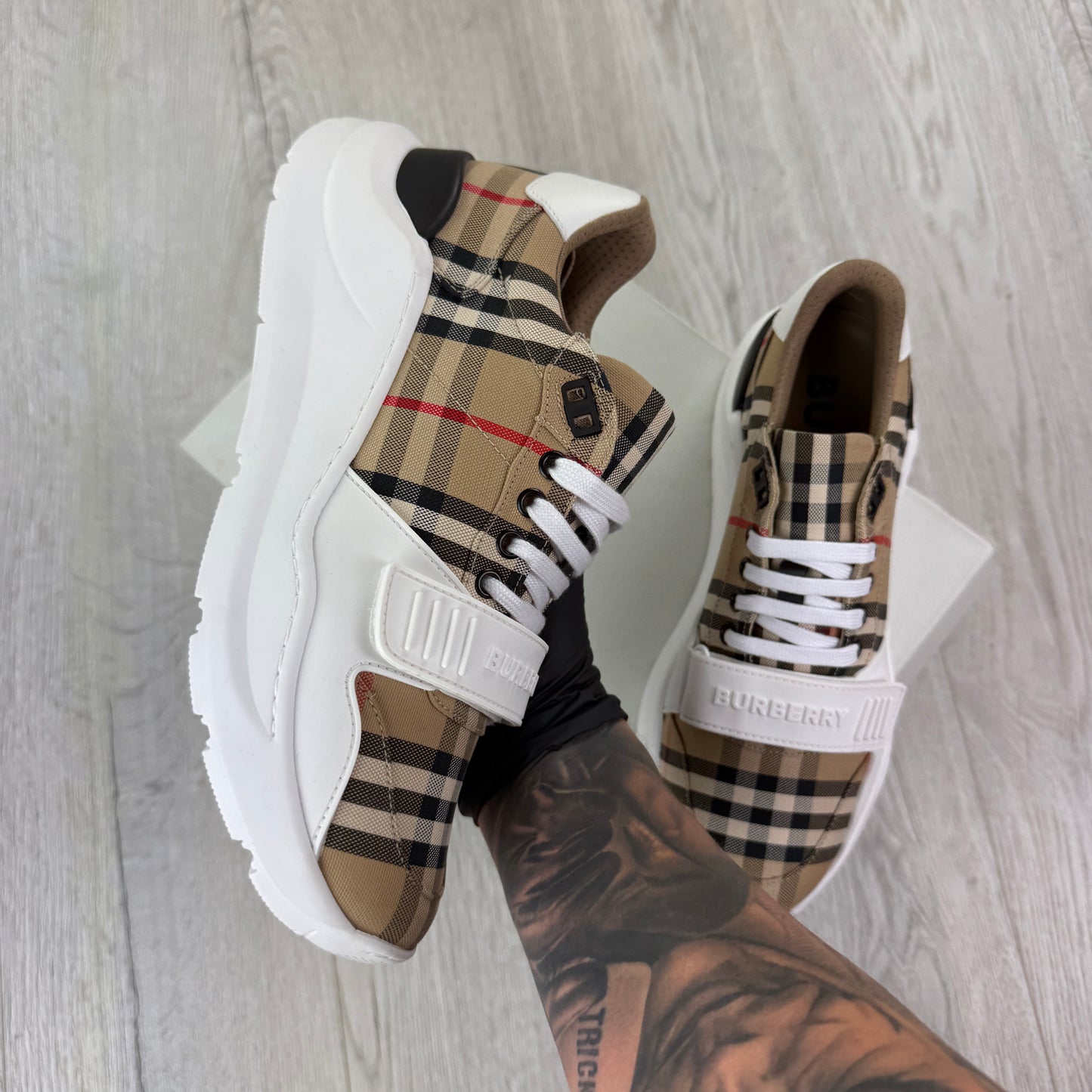 Burberry Men’s Vintage Check, White Leather Trainers