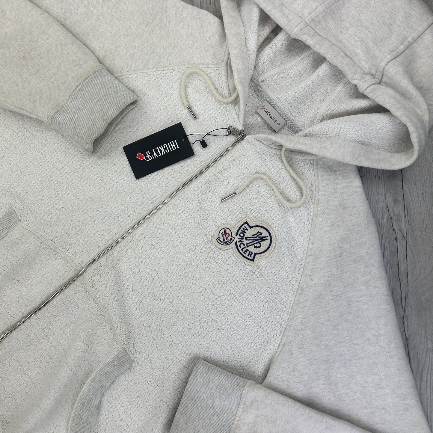 Moncler Men’s Double Badge Zip-up Light Grey Cotton & Shearing Hoodie - XL Slim