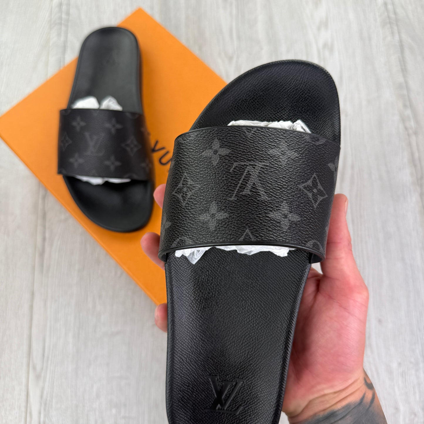 Louis Vuitton Men’s Black Leather Sliders - Uk 7 (Fit 8)