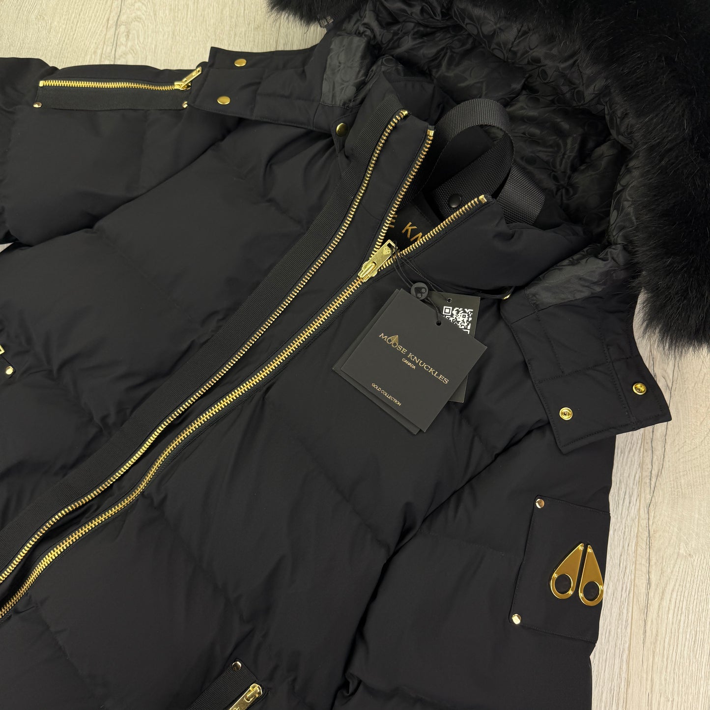 Moose Knuckles Men’s Black & Gold Double Zip Up Stagg Bomber Jacket
