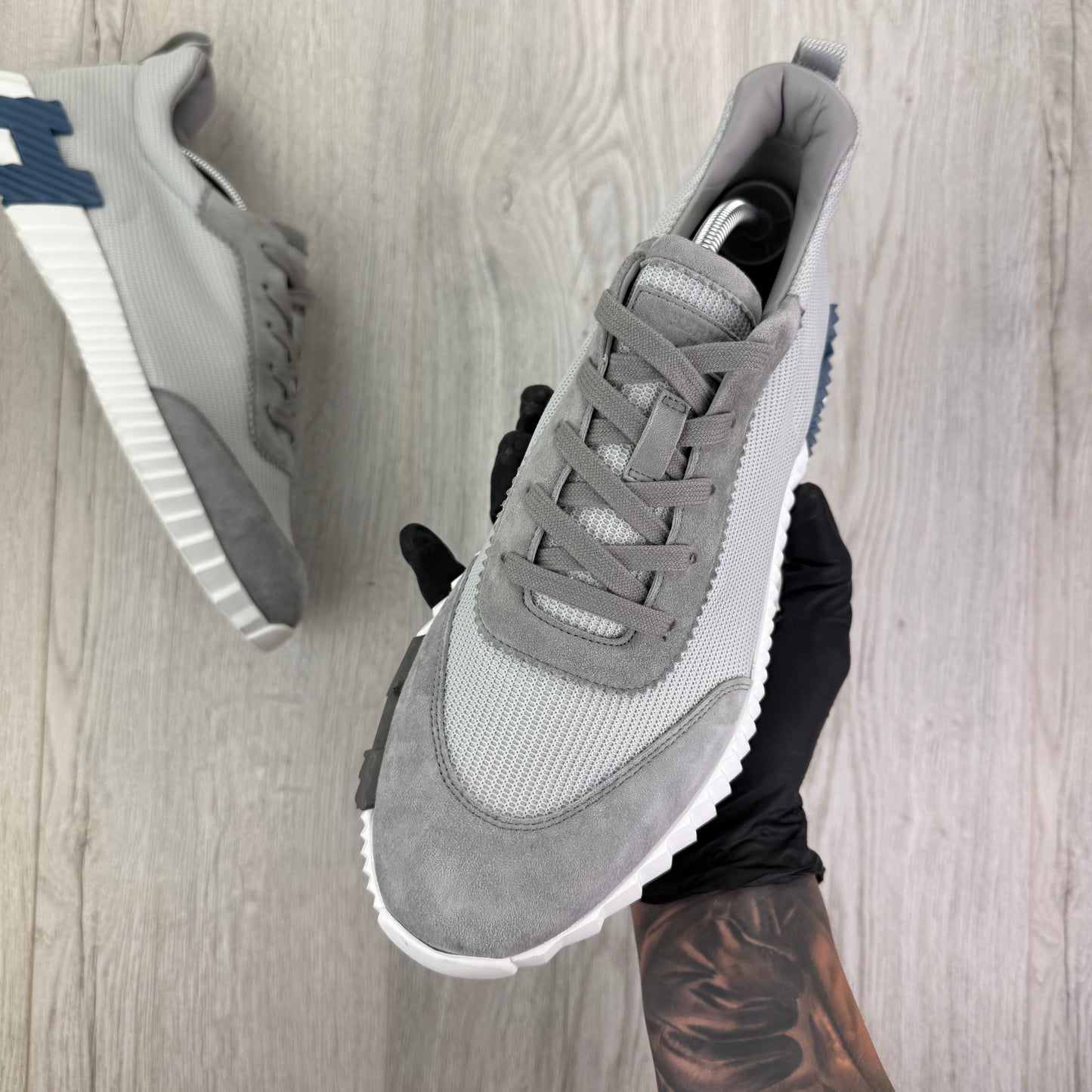 Hermes Men’s Grey Bouncing Technical Mesh and Suede Trainers - Uk 11