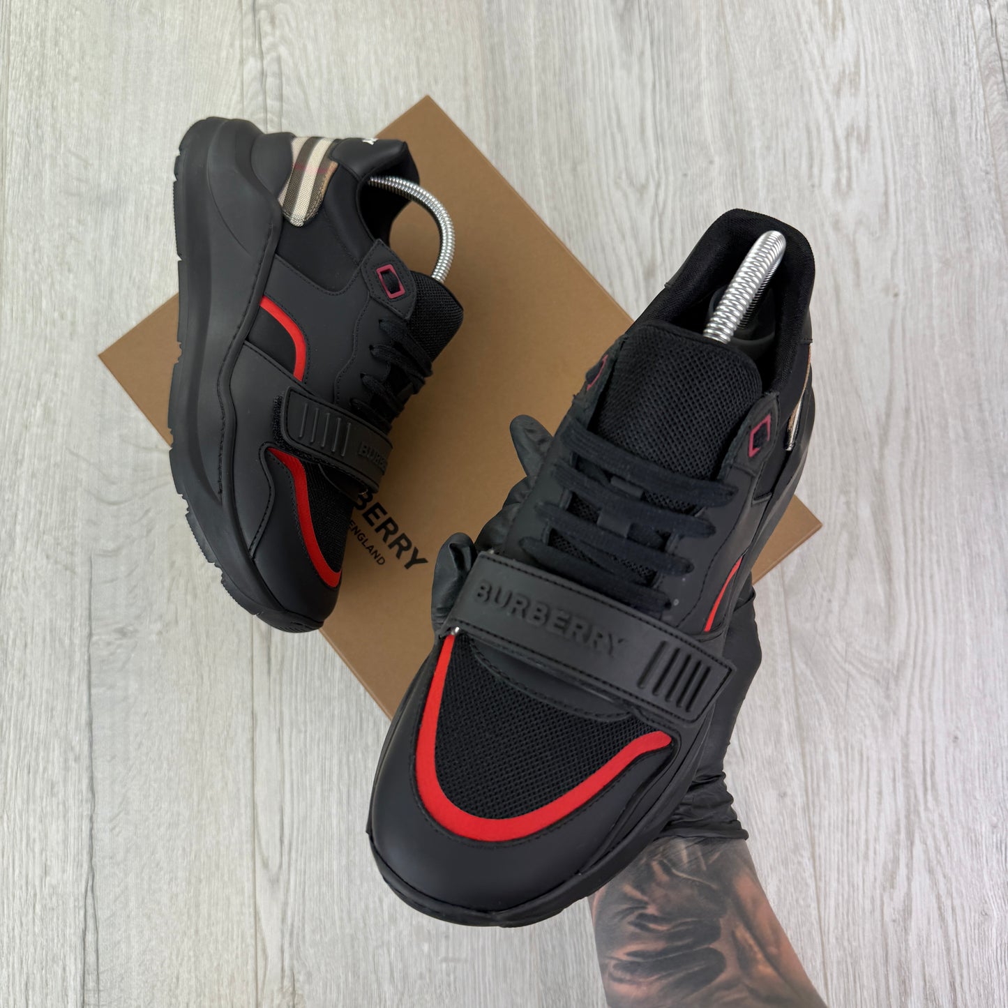 Burberry Men’s Black & Red Ramsey Check Trainers - Uk 7