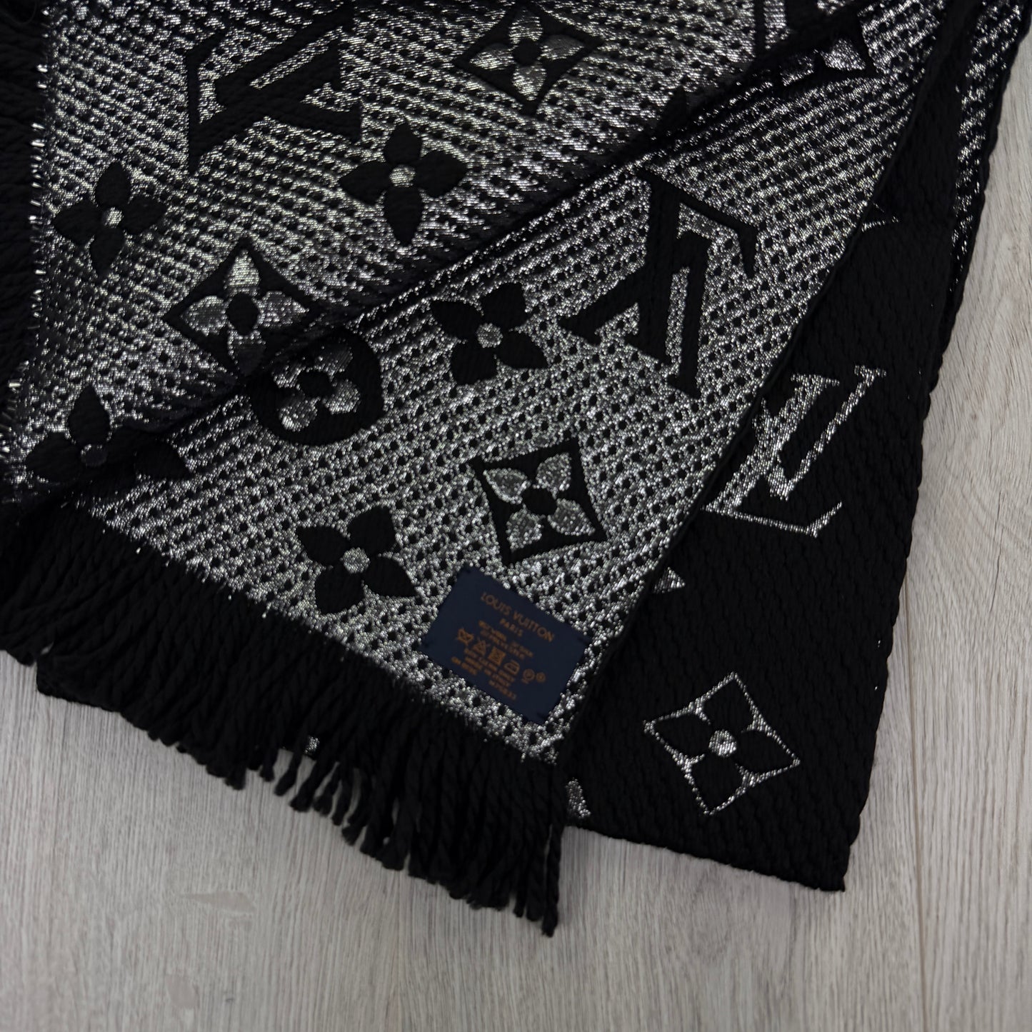 Louis Vuitton Black / Silver Wool & Silk Monogram Scarf
