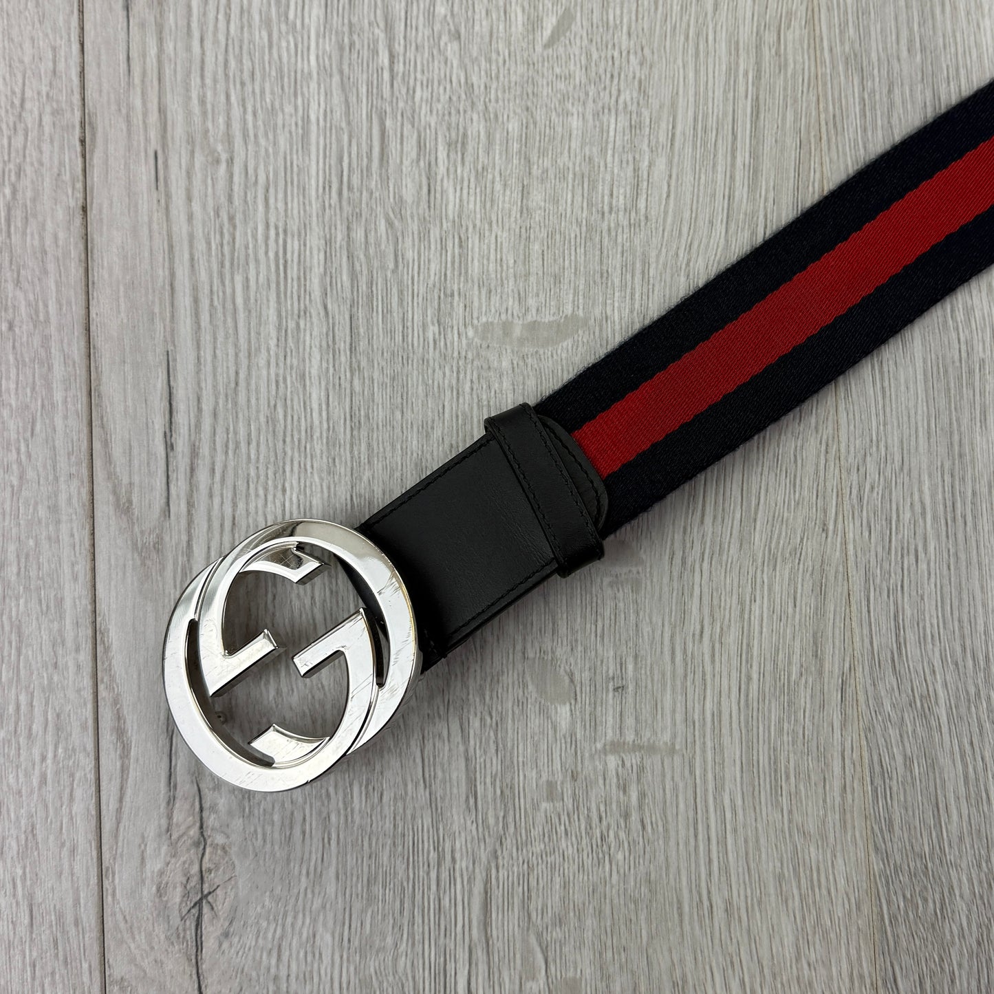 Gucci Web Interlock GG Silver Buckle Belt - 85 (Fit Uk 28-32)