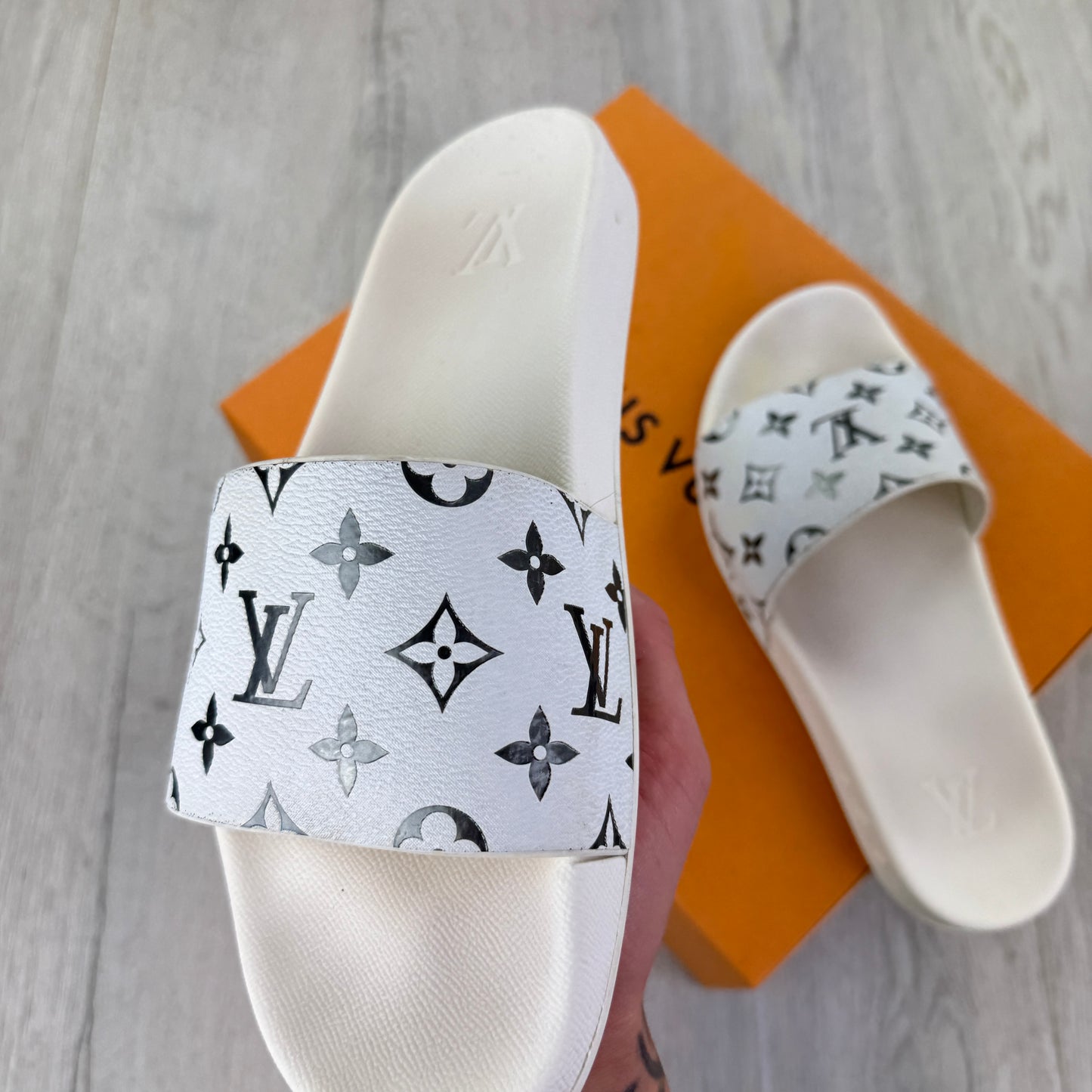 Louis Vuitton Men’s White & Silver Monogram Sliders - Uk 9