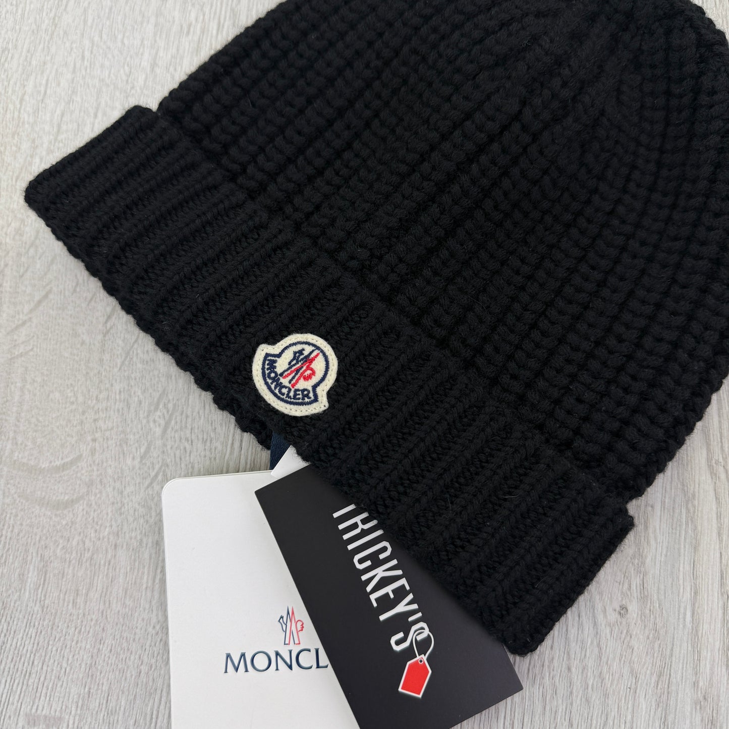 Moncler Logo Patch Ribbed Black Beanie