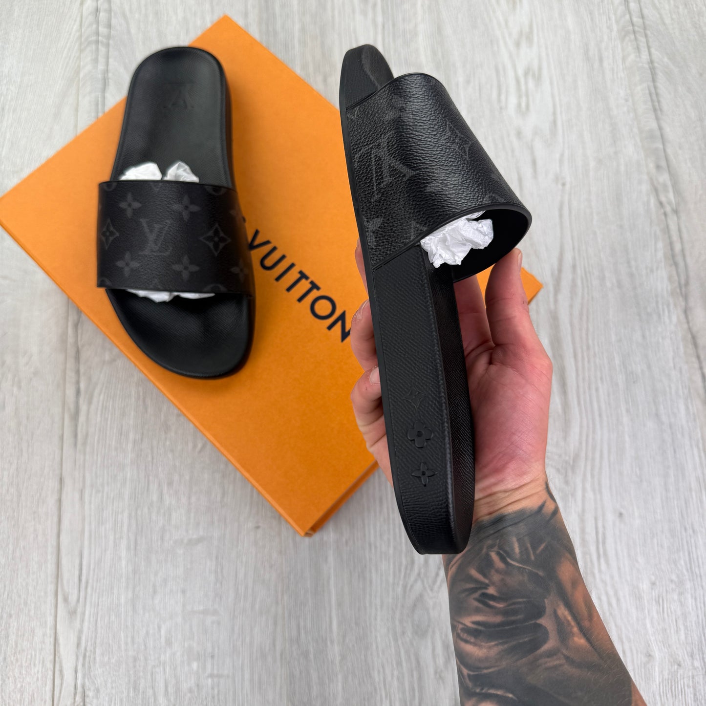 Louis Vuitton Men’s Black Leather Sliders - Uk 7 (Fit 8)
