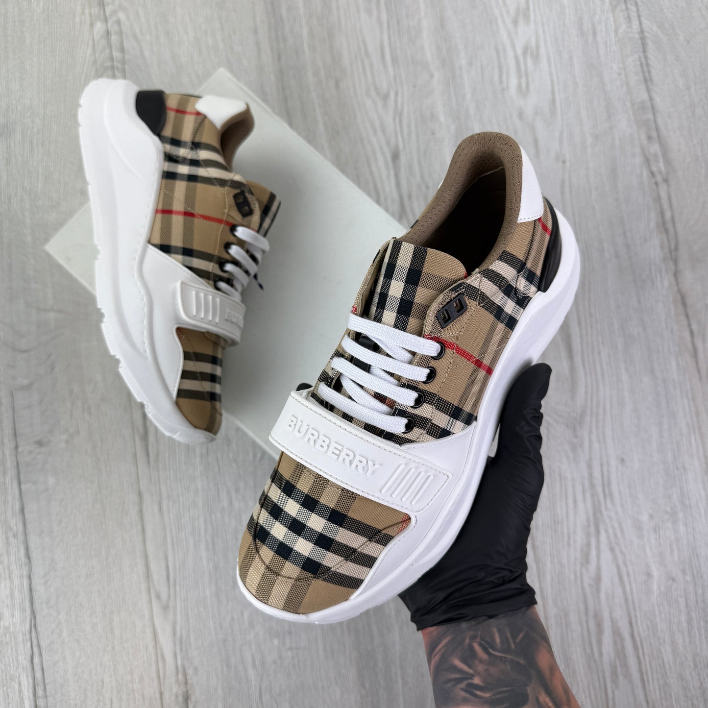 Burberry Men’s Vintage Check, White Leather Trainers