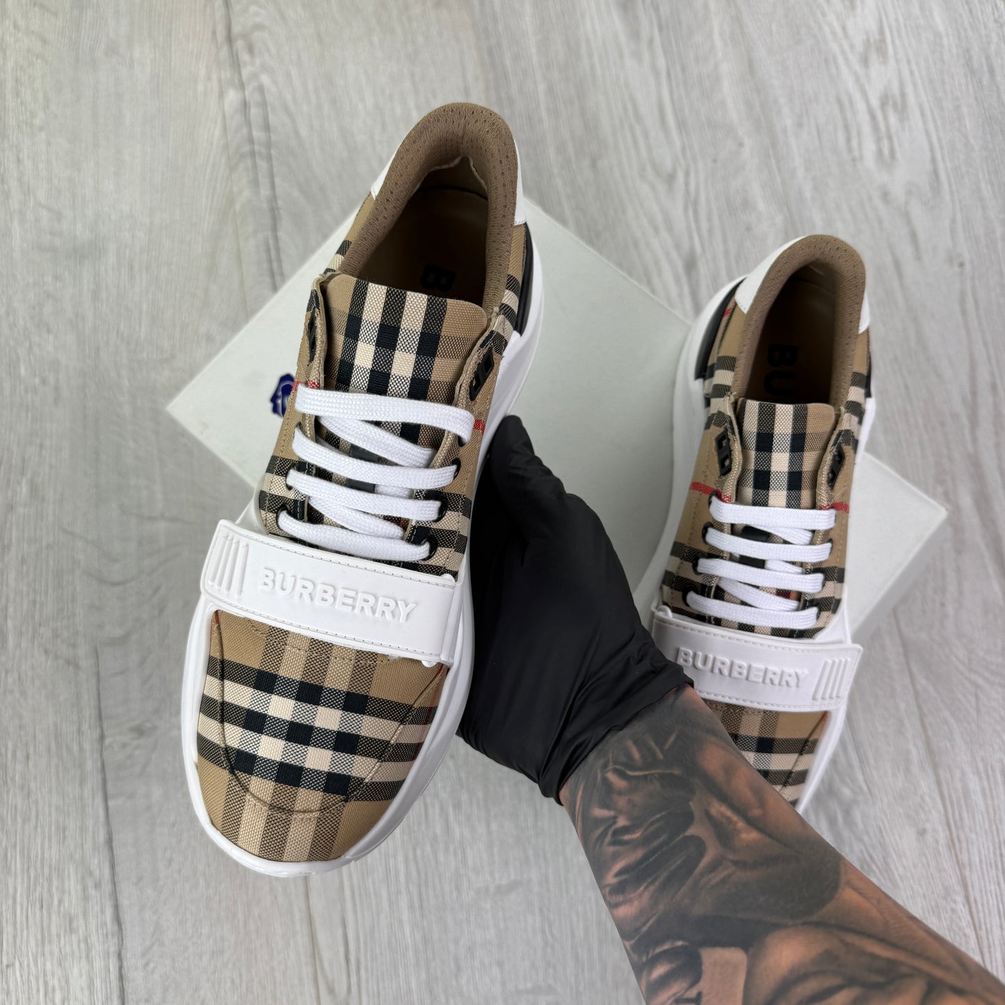 Burberry Men’s Vintage Check, White Leather Trainers