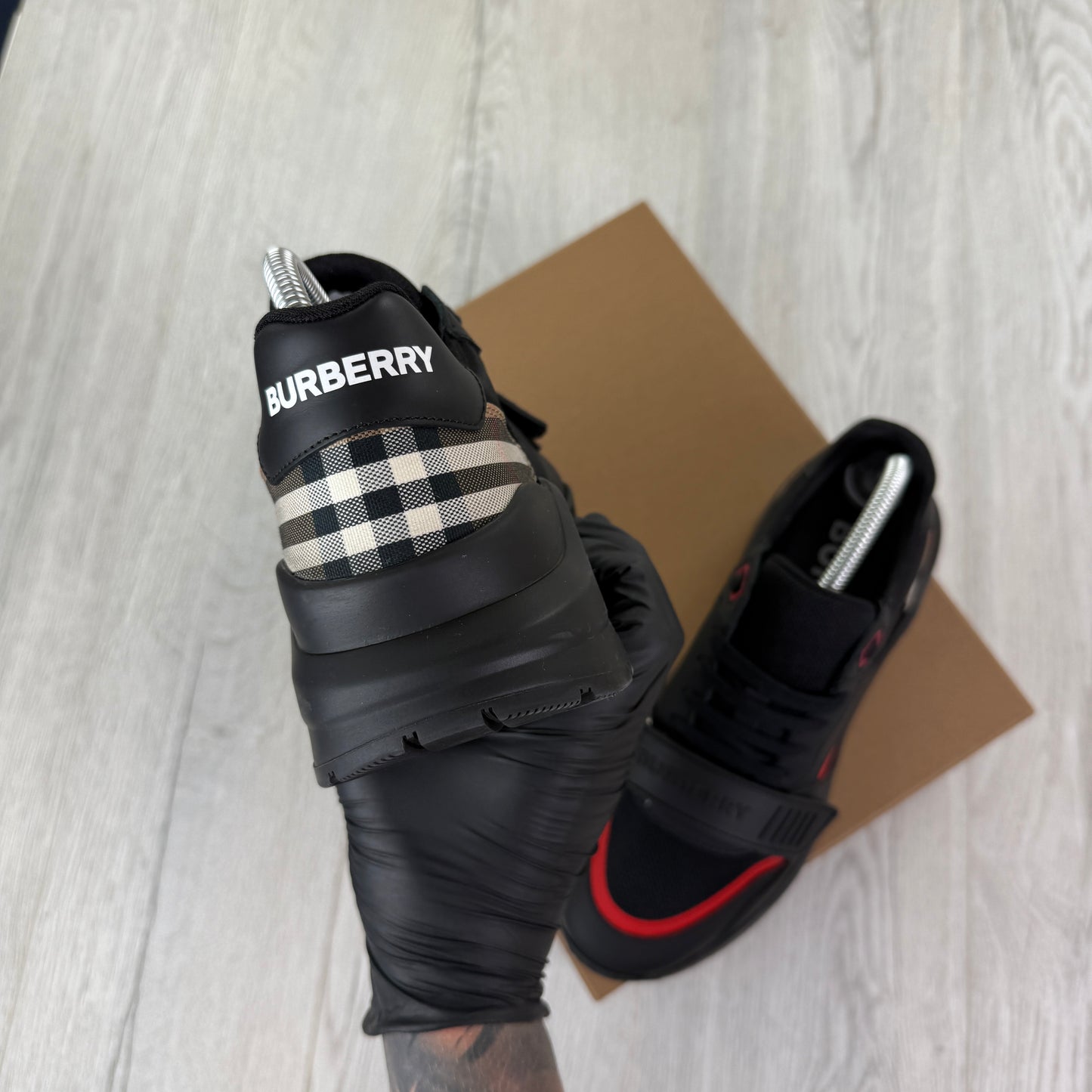 Burberry Men’s Black & Red Ramsey Check Trainers - Uk 7