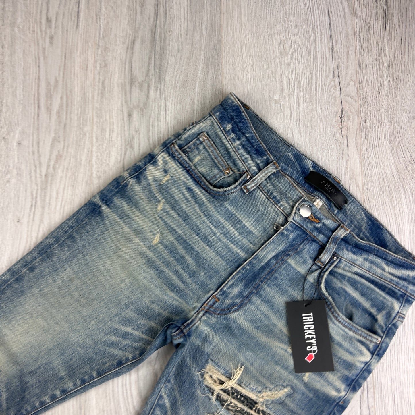 Amiri MX1 Light Blue Distressed Ripped Indigo Jeans - Uk 29