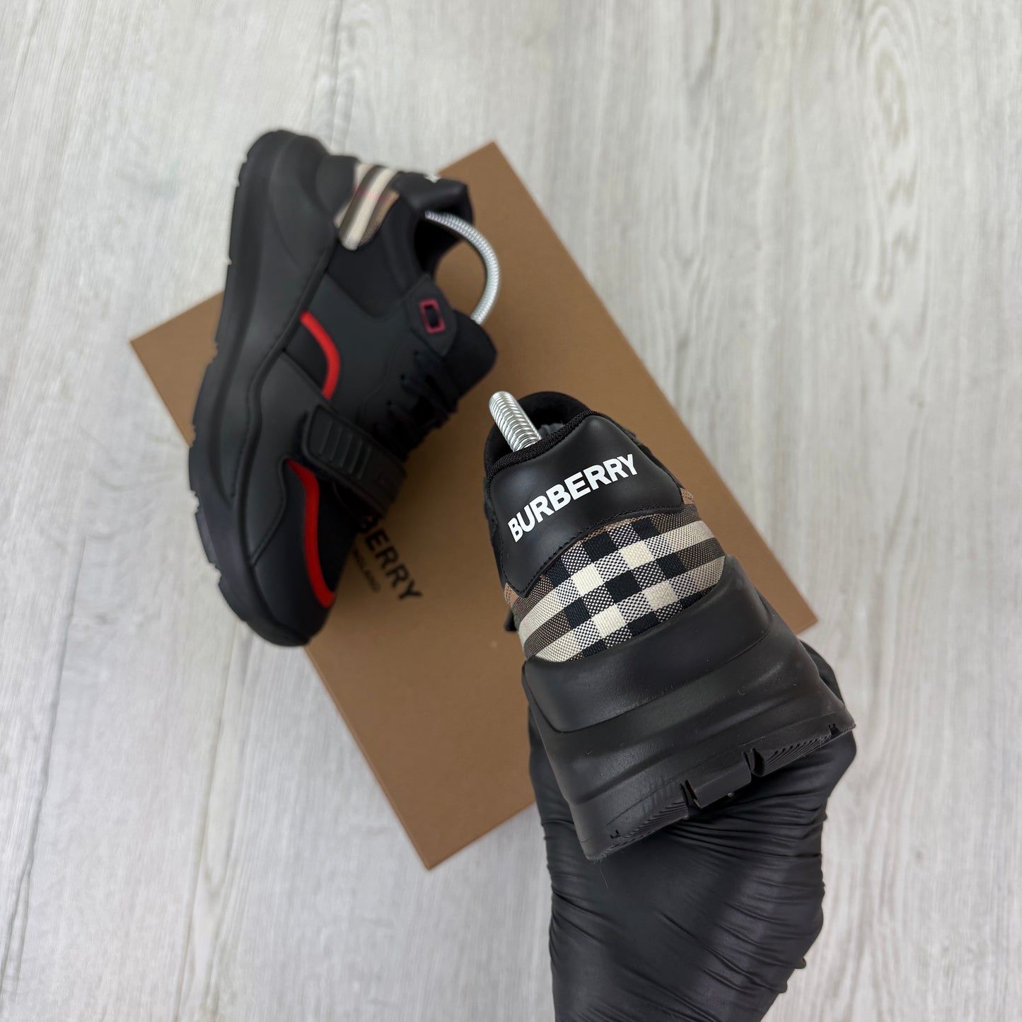 Burberry Men’s Black & Red Ramsey Check Trainers - Uk 7