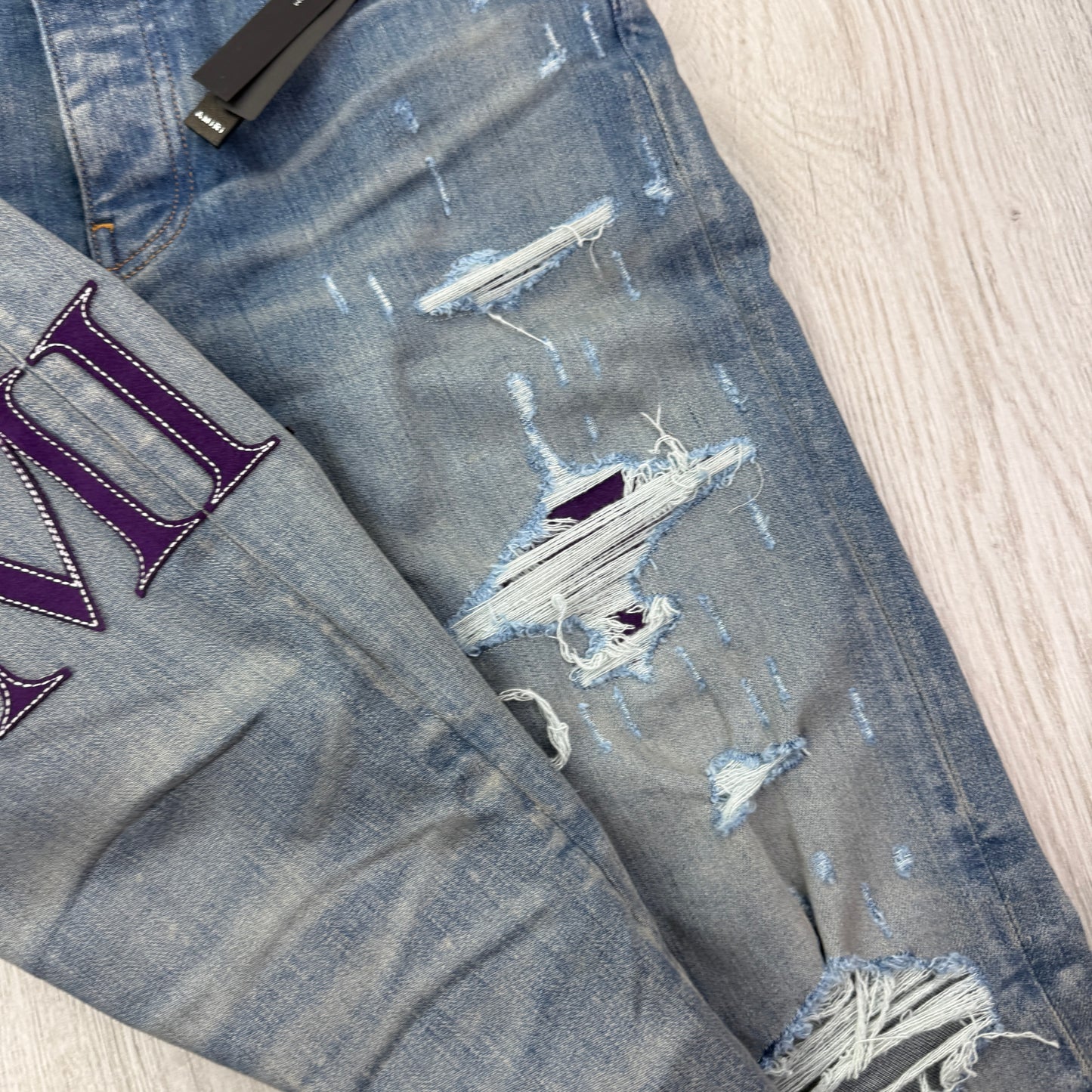Amiri MX1 Men’s Blue Distressed Jeans With Purple Side Logo - Uk 32