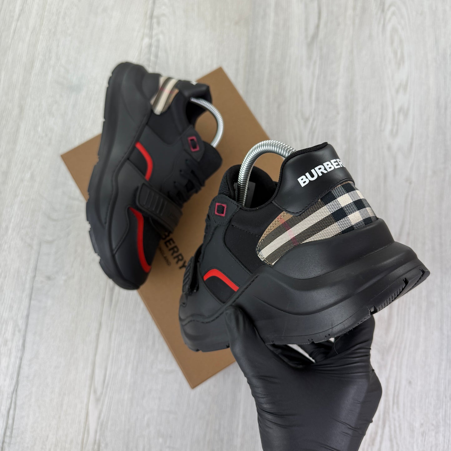 Burberry Men’s Black & Red Ramsey Check Trainers - Uk 7
