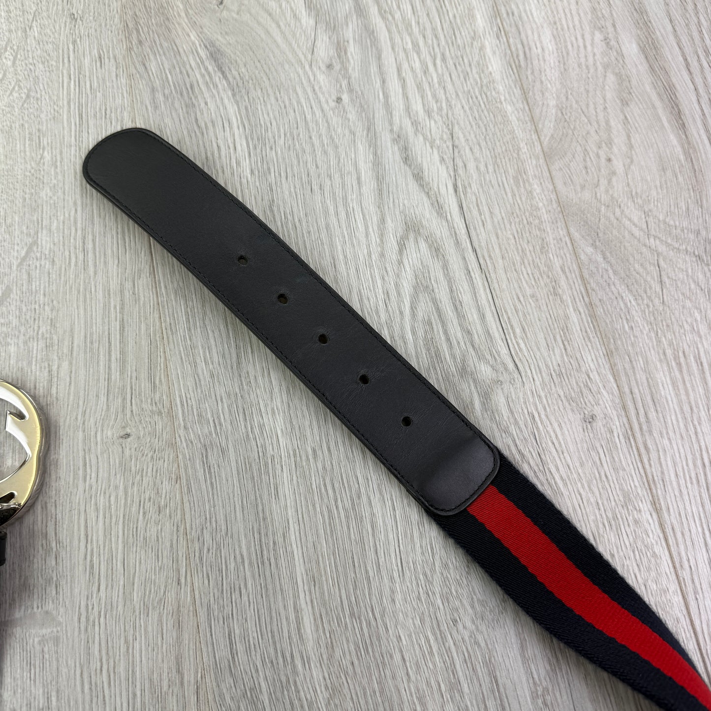 Gucci Web Interlock GG Silver Buckle Belt - 85 (Fit Uk 28-32)