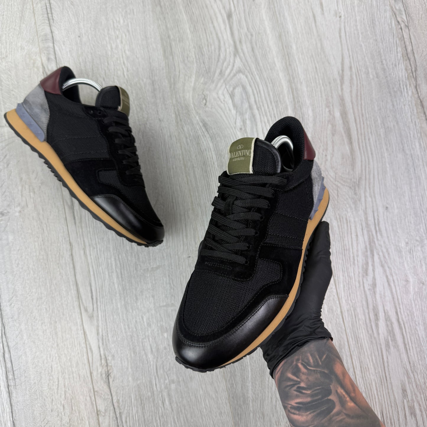 Valentino Men’s Black Mesh Runners With Maroon Heel - Uk 8