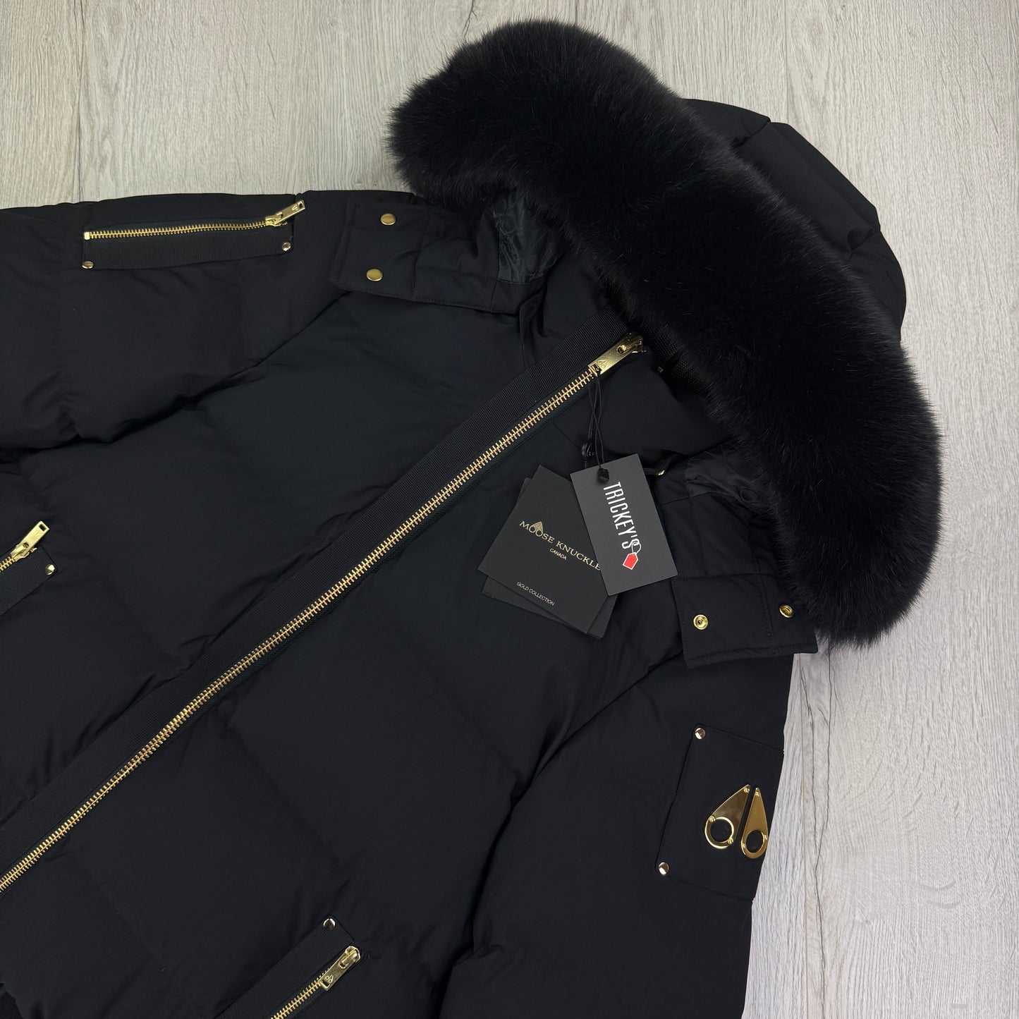 Moose Knuckles Men’s Black & Gold Double Zip Up Stagg Bomber Jacket