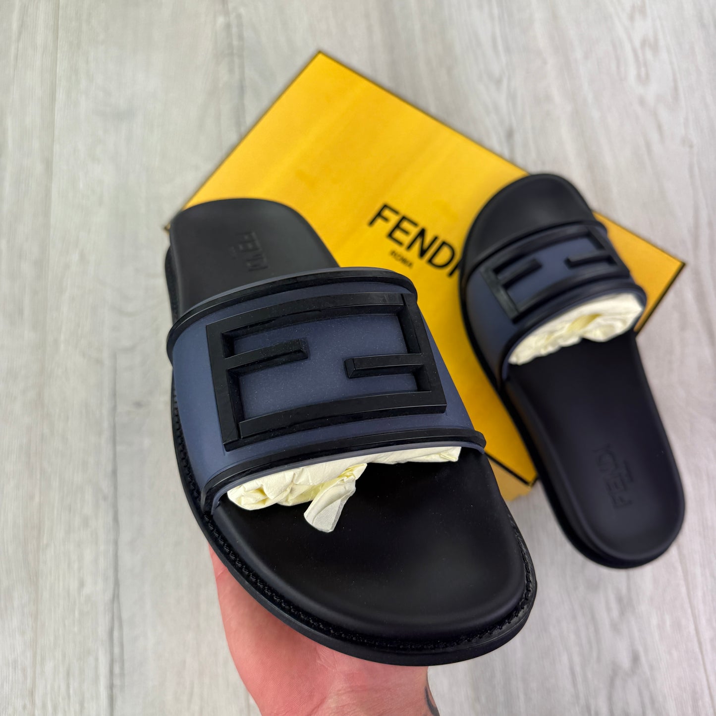 Fendi Men’s Medieval Blu FF Logo Sliders - Uk 10