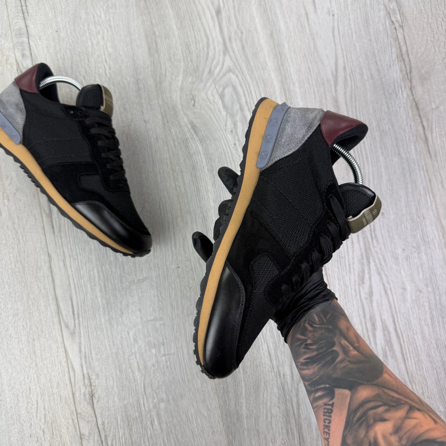 Valentino Men’s Black Mesh Runners With Maroon Heel - Uk 8