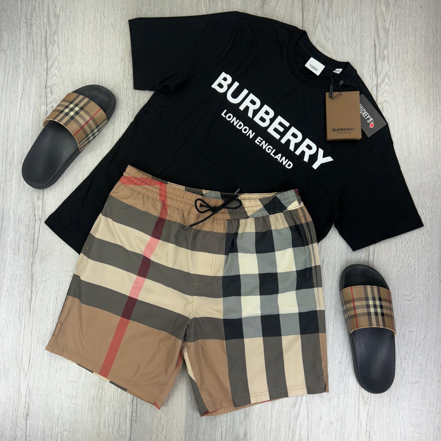 Burberry Men’s Black T-shirt & Beige Swim Short Set