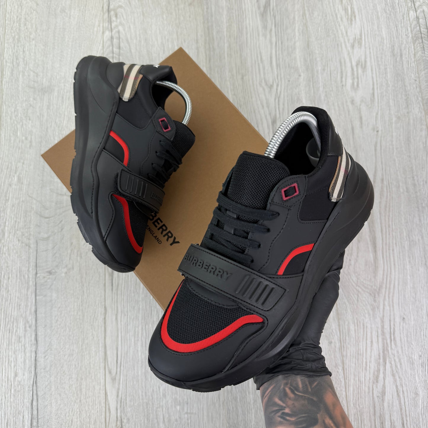Burberry Men’s Black & Red Ramsey Check Trainers - Uk 7