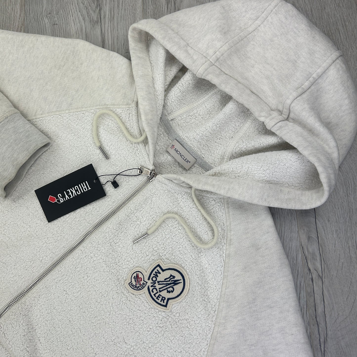 Moncler Men’s Double Badge Zip-up Light Grey Cotton & Shearing Hoodie - XL Slim