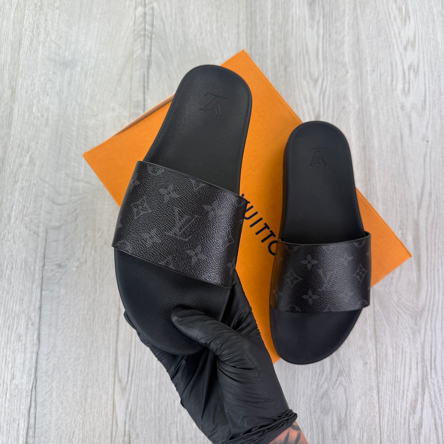 Louis Vuitton Men’s Black Leather Sliders - Uk 10.5 (Fit Uk 11)