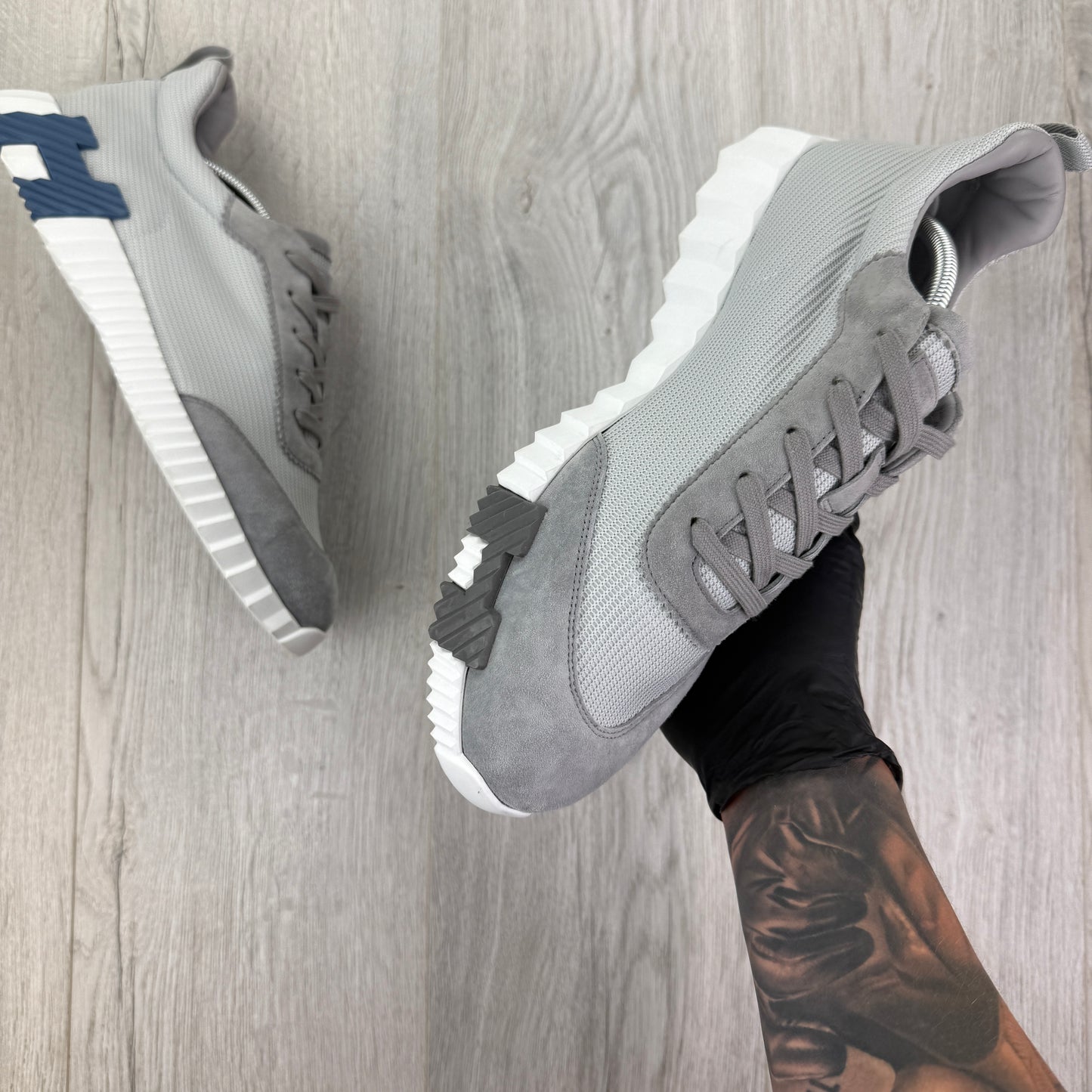 Hermes Men’s Grey Bouncing Technical Mesh and Suede Trainers - Uk 11