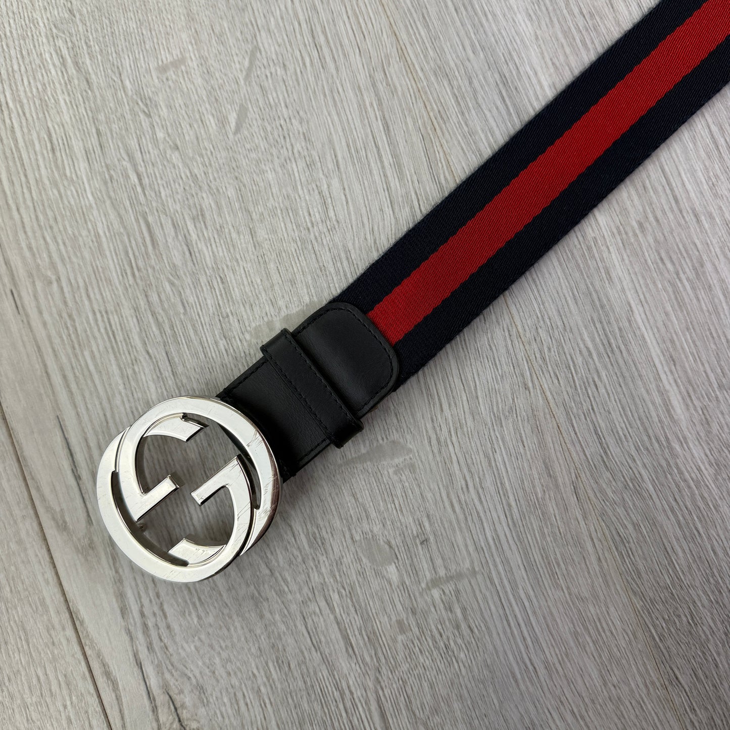 Gucci Web Interlock GG Silver Buckle Belt - 85 (Fit Uk 28-32)