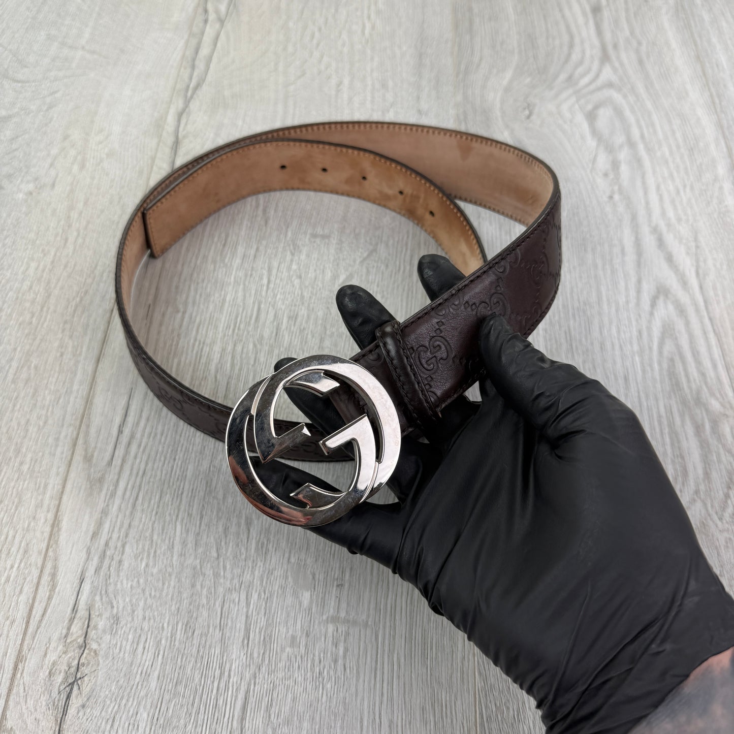 Gucci Web Interlock GG Silver Buckle Belt - 95 (Fit Uk 30-34)