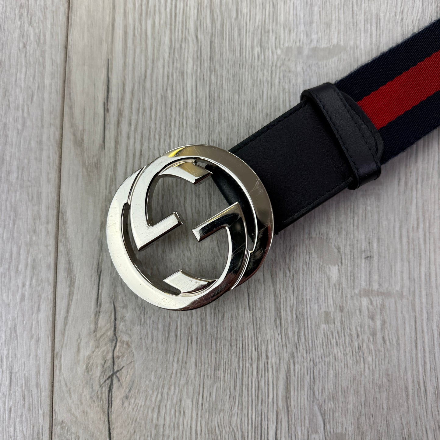 Gucci Web Interlock GG Silver Buckle Belt - 85 (Fit Uk 28-32)
