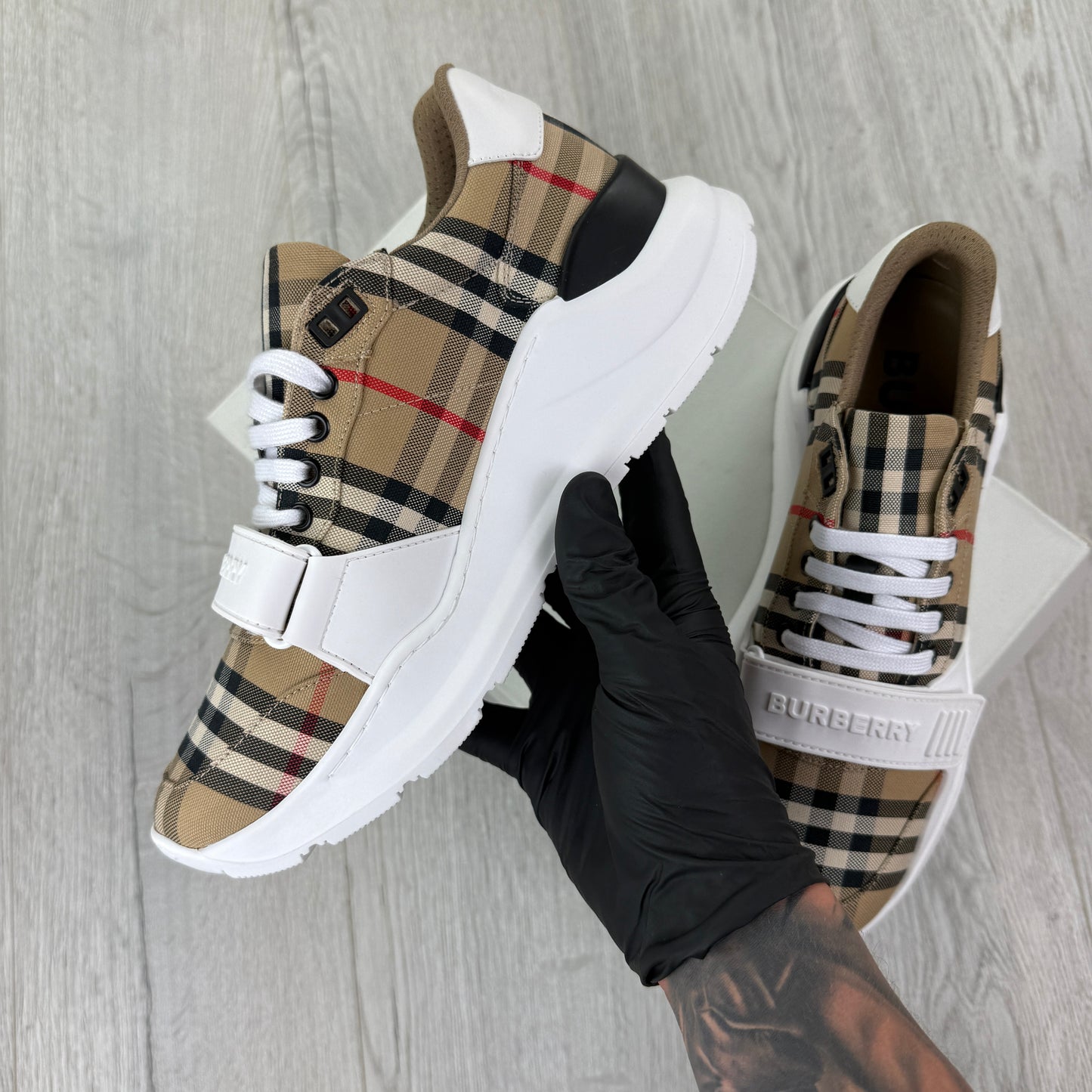 Burberry Men’s Vintage Check, White Leather Trainers