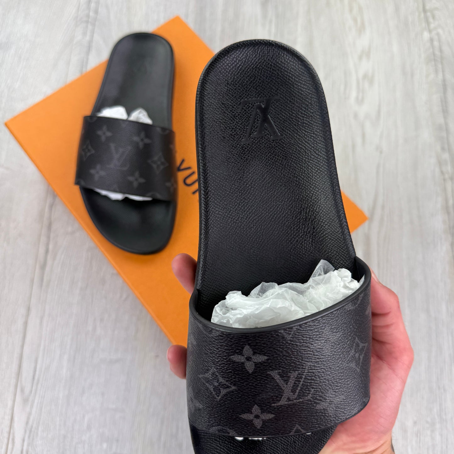 Louis Vuitton Men’s Black Leather Sliders - Uk 7 (Fit 8)
