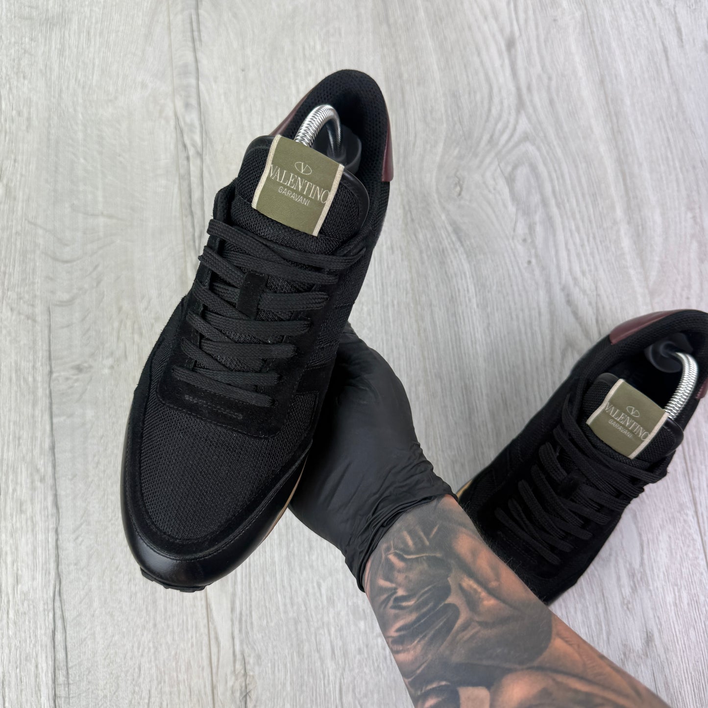 Valentino Men’s Black Mesh Runners With Maroon Heel - Uk 8