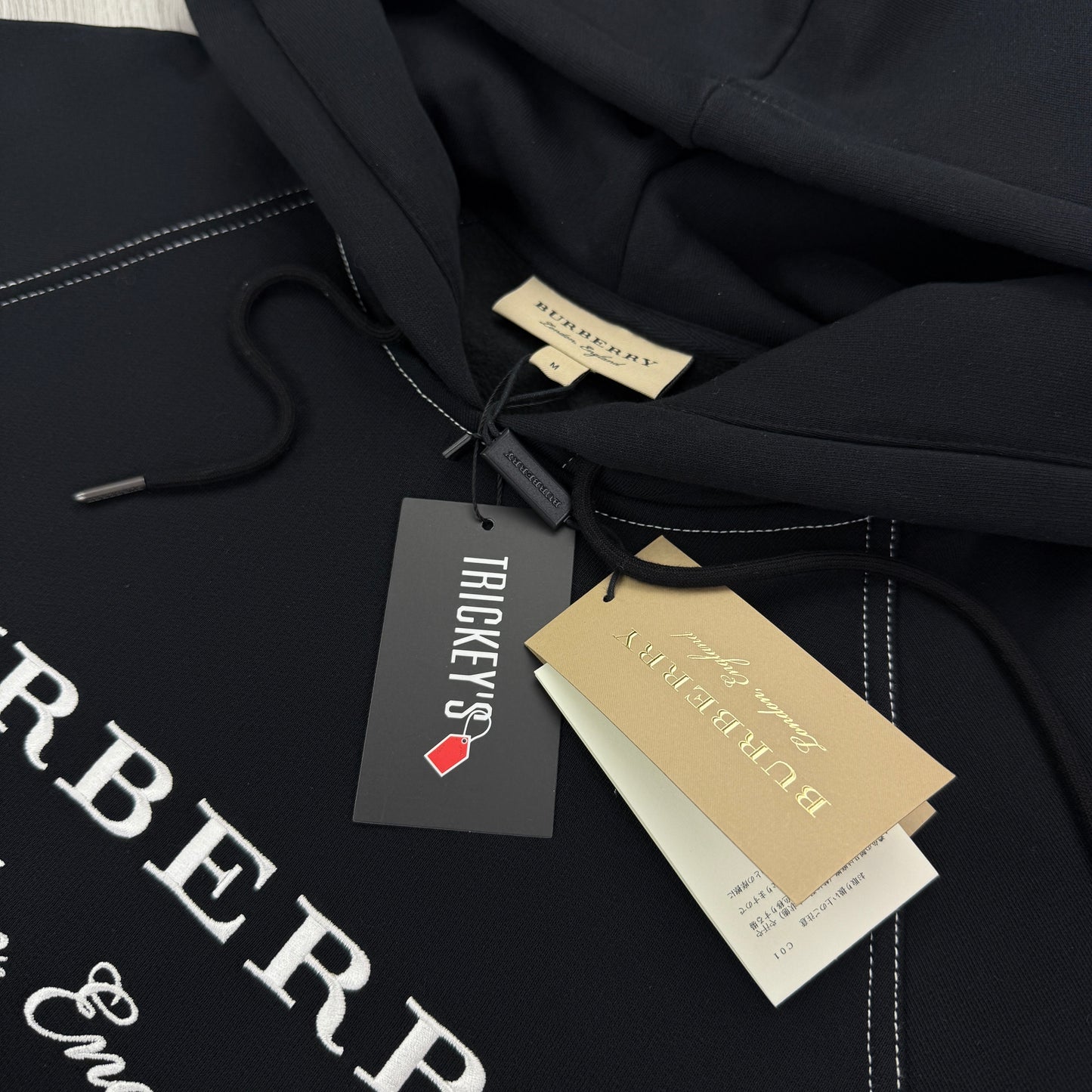 Burberry Men’s Black Pullover Hoodie London England Embroidered Logo - Medium