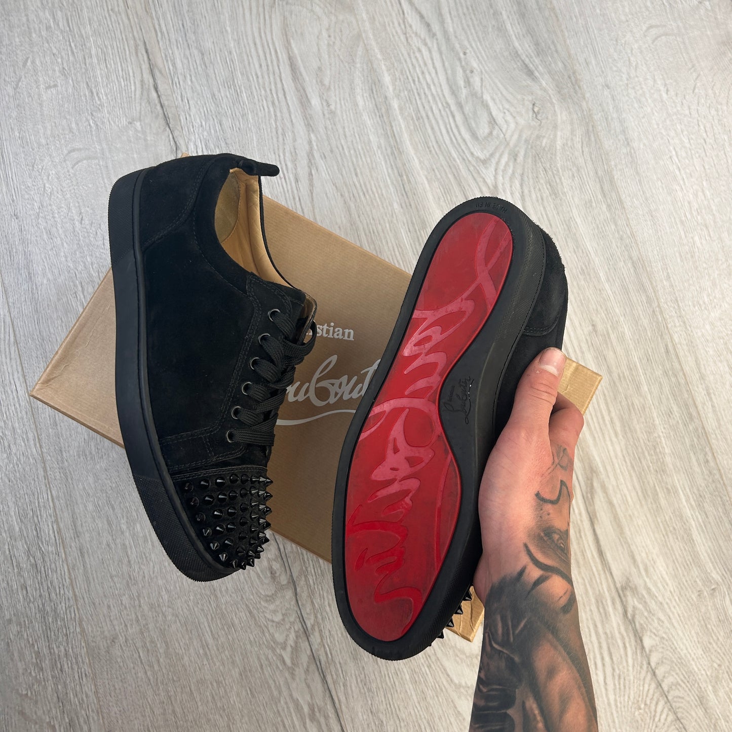 Christian Louboutin Men’s Black Low Suede Trainers With Front Spikes - 41.5 (Uk 7.5)