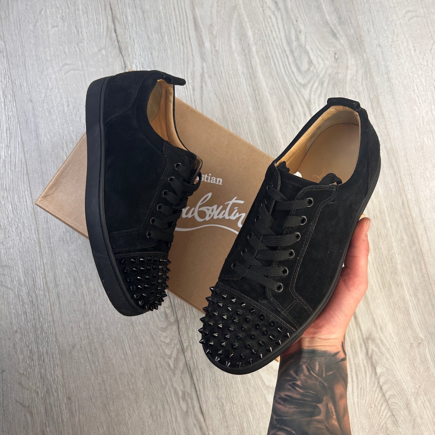 Christian Louboutin Men’s Black Low Suede Trainers With Front Spikes - 41.5 (Uk 7.5)