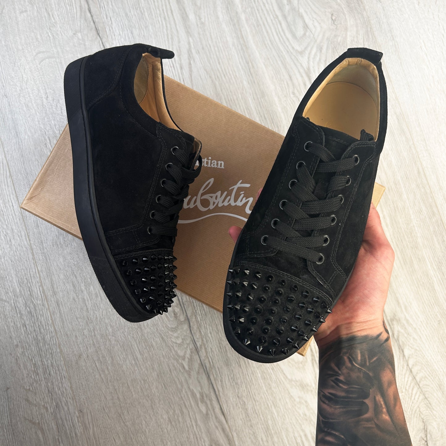 Christian Louboutin Men’s Black Low Suede Trainers With Front Spikes - 41.5 (Uk 7.5)