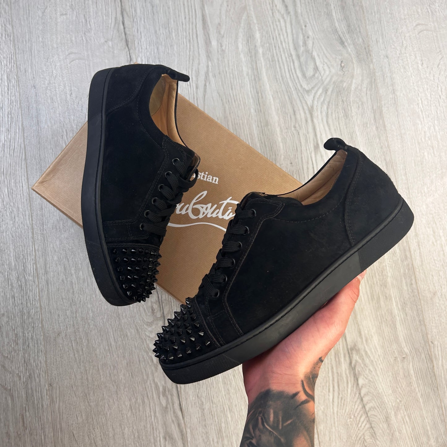 Christian Louboutin Men’s Black Low Suede Trainers With Front Spikes - 41.5 (Uk 7.5)