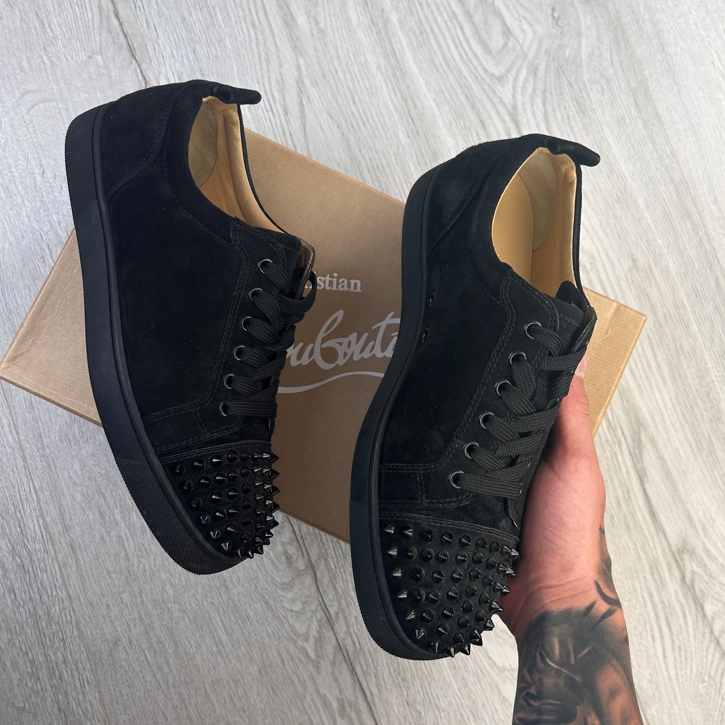 Christian Louboutin Men’s Black Low Suede Trainers With Front Spikes - 41.5 (Uk 7.5)