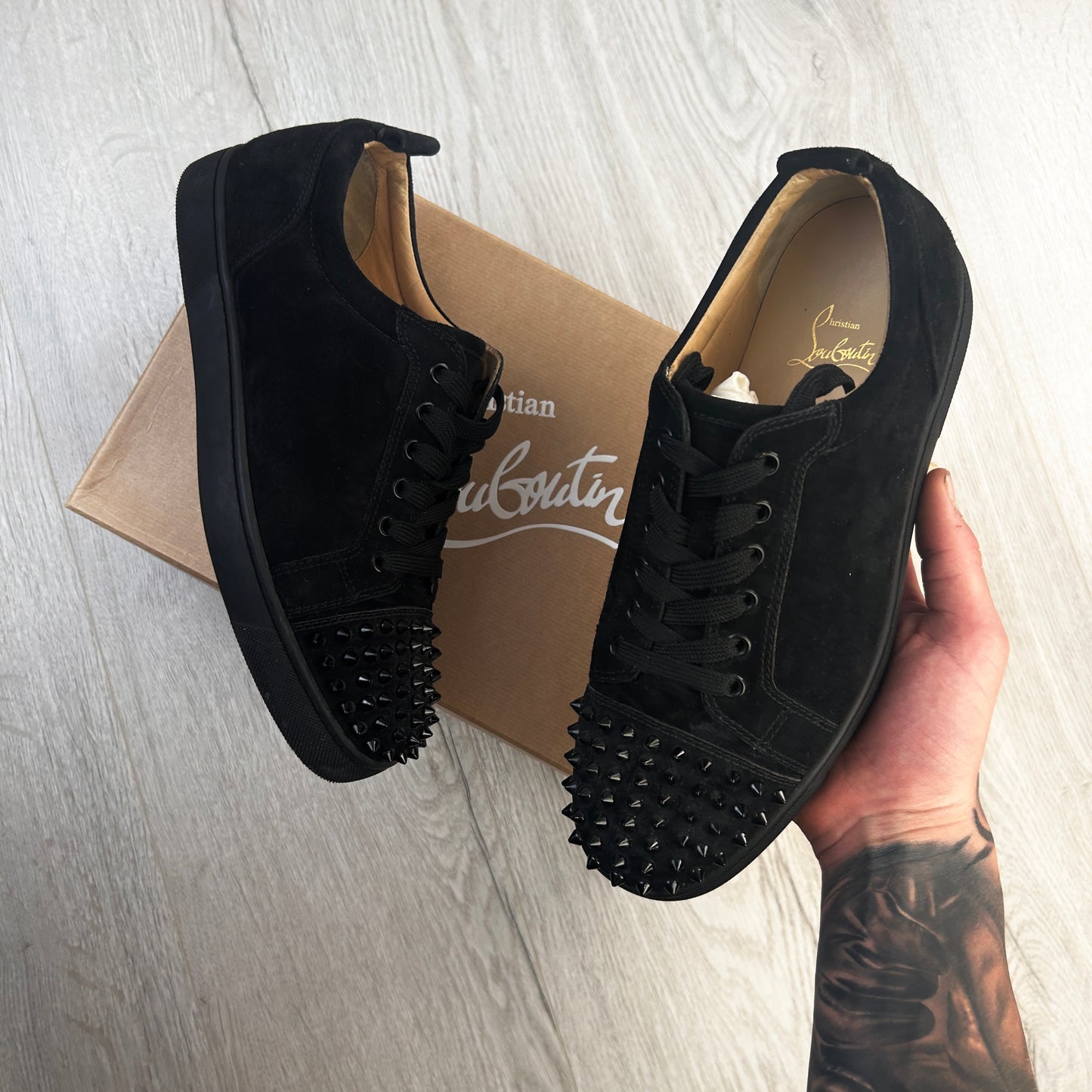Christian Louboutin Men’s Black Low Suede Trainers With Front Spikes - 41.5 (Uk 7.5)