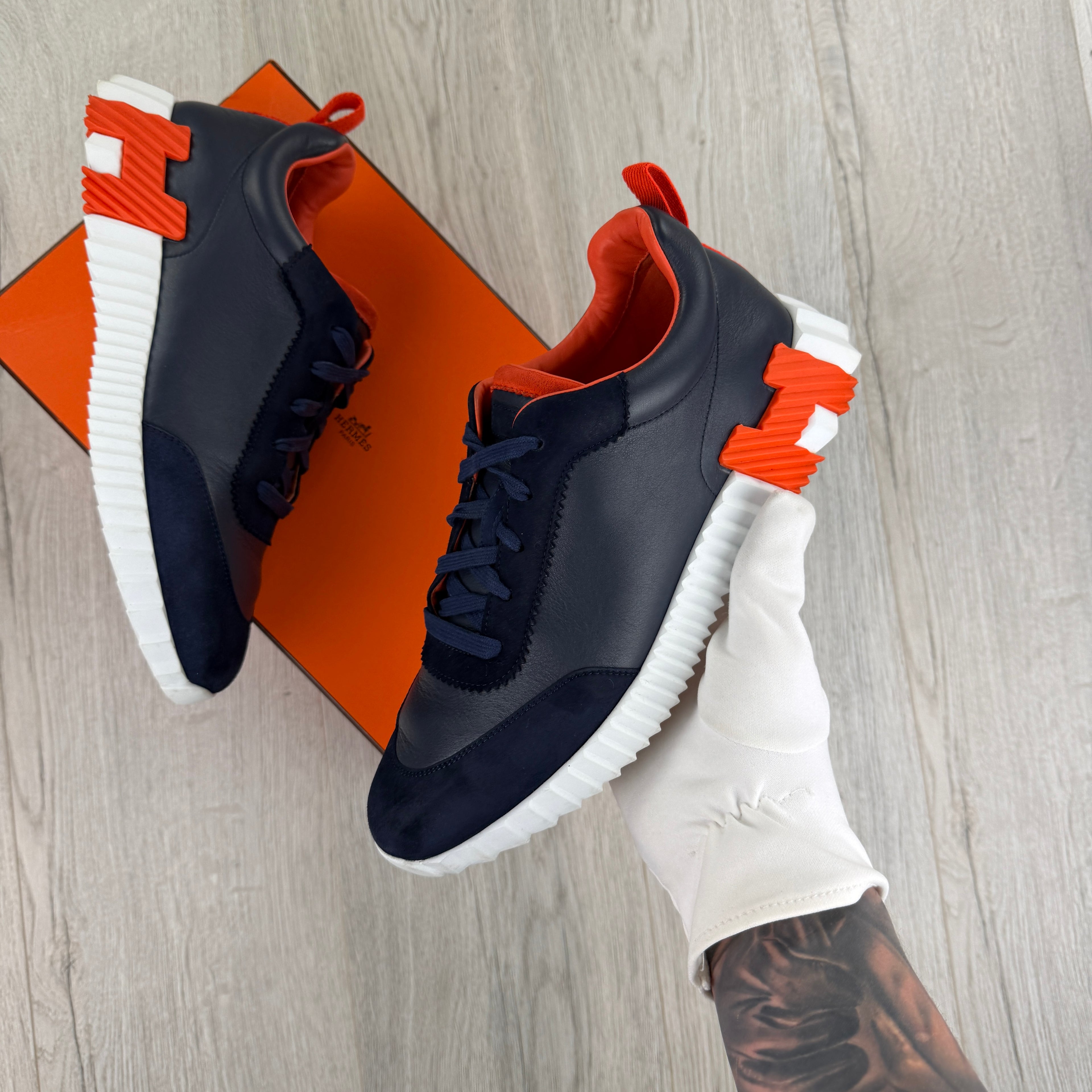 Hermes Men’s Navy & Orange Bouncing Sneakers - 42.5 (Fit Uk 8.5)