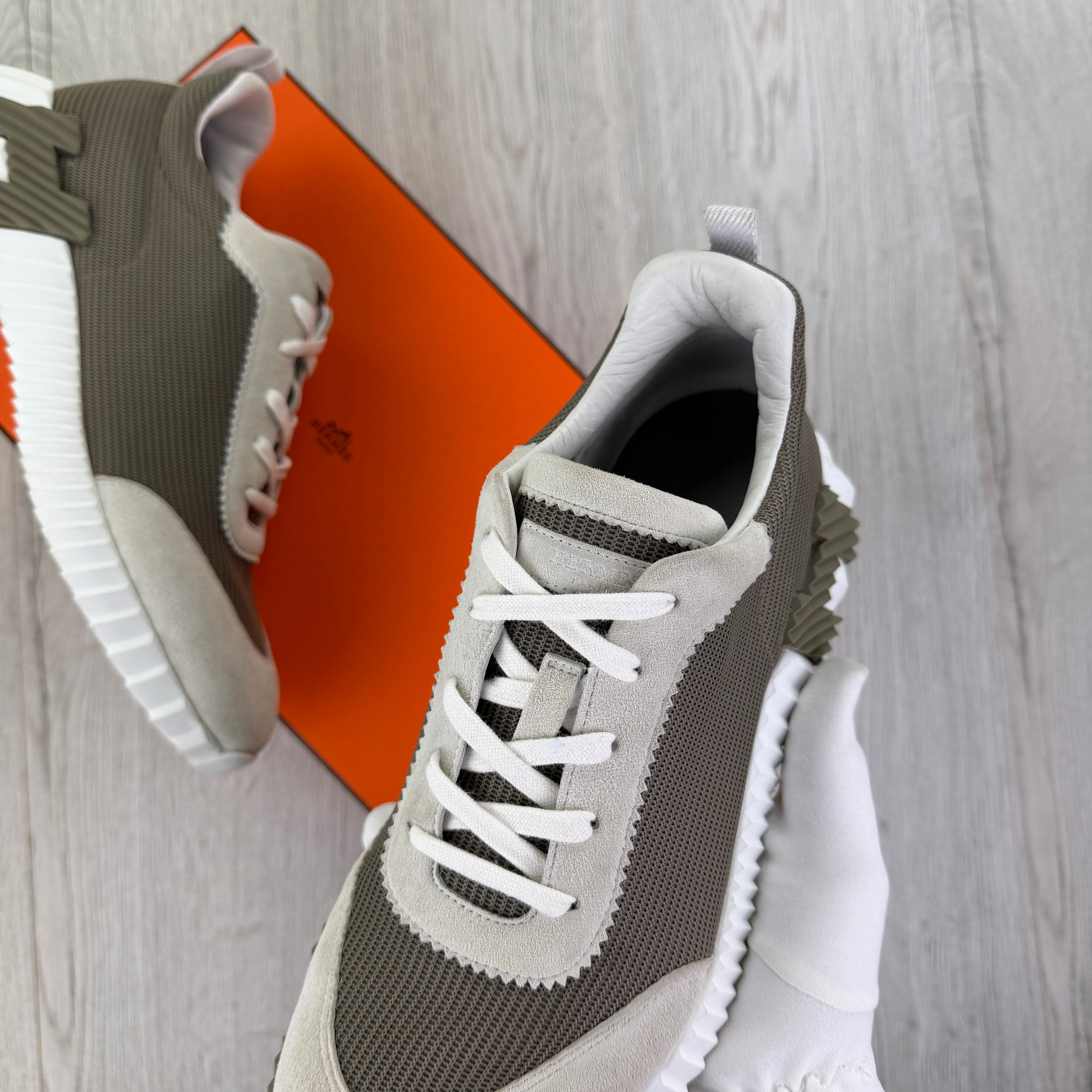 Hermes Men’s Suede Cream/Brown Bouncing Sneakers - Uk 9.5