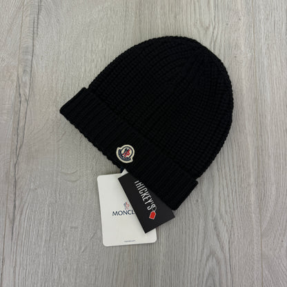 Moncler Logo Patch Ribbed Black Beanie