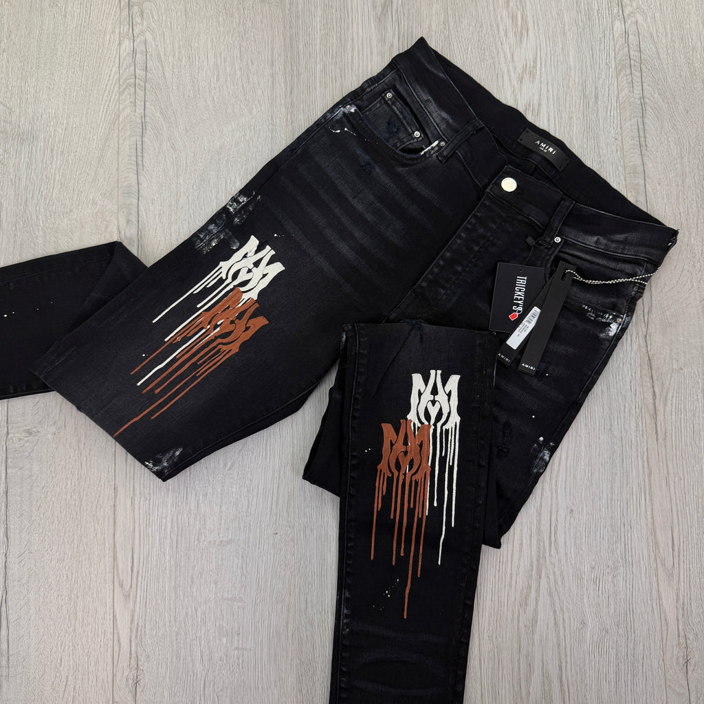 Amiri Men’s MX1 MA Logo Drip Black Distressed Jeans